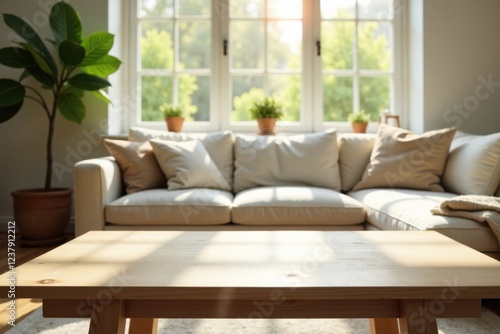 Wallpaper Mural Sunlight Dapples Wooden Coffee Table in Front of a Cozy Living Room Sofa with Natural Decor Torontodigital.ca