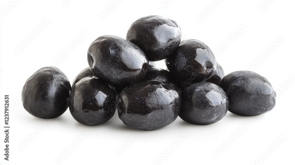 Realistic raw black olives stack. Isolated vector 3d ripe fruits of olive tree with glossy skin. Food product for vegetable oil, cooking ingredients, spa cosmetics or mediterranean cuisine condiments Realistic raw black olives stack. Isolated vector 3d ripe fruits of olive tree with glossy skin. Food product for vegetable oil, cooking ingredients, spa cosmetics or mediterranean cuisine condiments