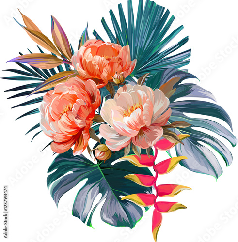 Vector bouquet of flowers. Roses, peonies, rose hips, foliage, bright summer flowers. Rose, peony