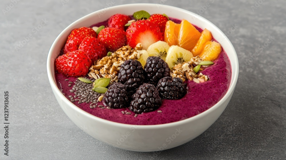 A vibrant smoothie bowl topped with fresh berries, banana slices, granola, and seeds, served in a white bowl against a gray backdrop. A vibrant smoothie bowl topped with fresh berries, banana slices, granola, and seeds, served in a white bowl against a gray backdrop.