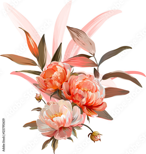 Vector bouquet of flowers. Roses, peonies, rose hips, foliage, bright summer flowers. Rose, peony