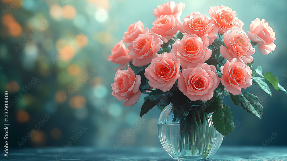 Obraz premium A beautiful bouquet of soft pink roses fills a delicate glass vase, their petals naturally unfurling in a harmonious display. 