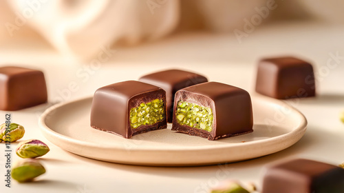 Luxury pistachio chocolate bonbons with rich nut filling. Concept of gourmet sweets, artisanal confections, and indulgence. Perfect for premium desserts, gift packaging, and chocolate branding photo