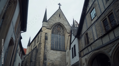 Germany, Erfurt city buildings and Thuringia architecture vector landmarks. German famous buildings of Michaelskirche St Michael church, All Saints Allerheiligenkirche, Kramerbrucke medieval bridge photo