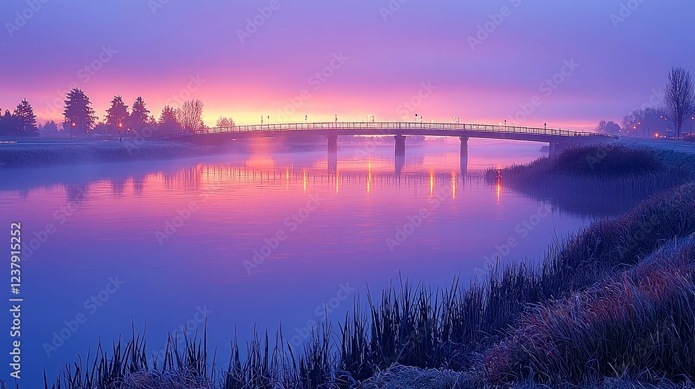 Fototapeta premium Serene Sunrise Landscape: Bridge over Calm River at Dawn