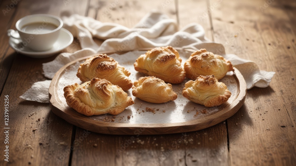 Golden-brown pastries arranged on a rustic wooden tray, accompanied by a cup of coffee, creating a delightful morning scene Golden-brown pastries arranged on a rustic wooden tray, accompanied by a cup of coffee, creating a delightful morning scene