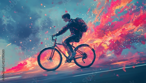 Wallpaper Mural Young Man Rides Bicycle Through Fiery Sunset Sky Torontodigital.ca