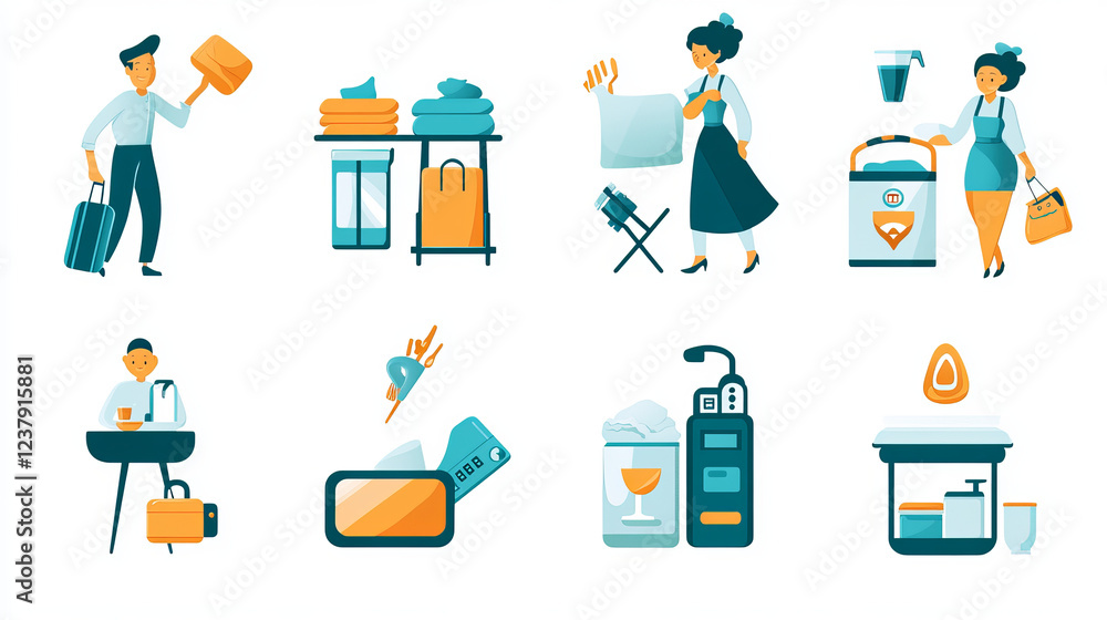 Hotel services colorful sketched icons with bell boy, maid and composition of room services icons with luggage, iron, shoe cleaning, telephone, food delivery, coffee and cleaning Hotel services colorful sketched icons with bell boy, maid and composition of room services icons with luggage, iron, shoe cleaning, telephone, food delivery, coffee and cleaning