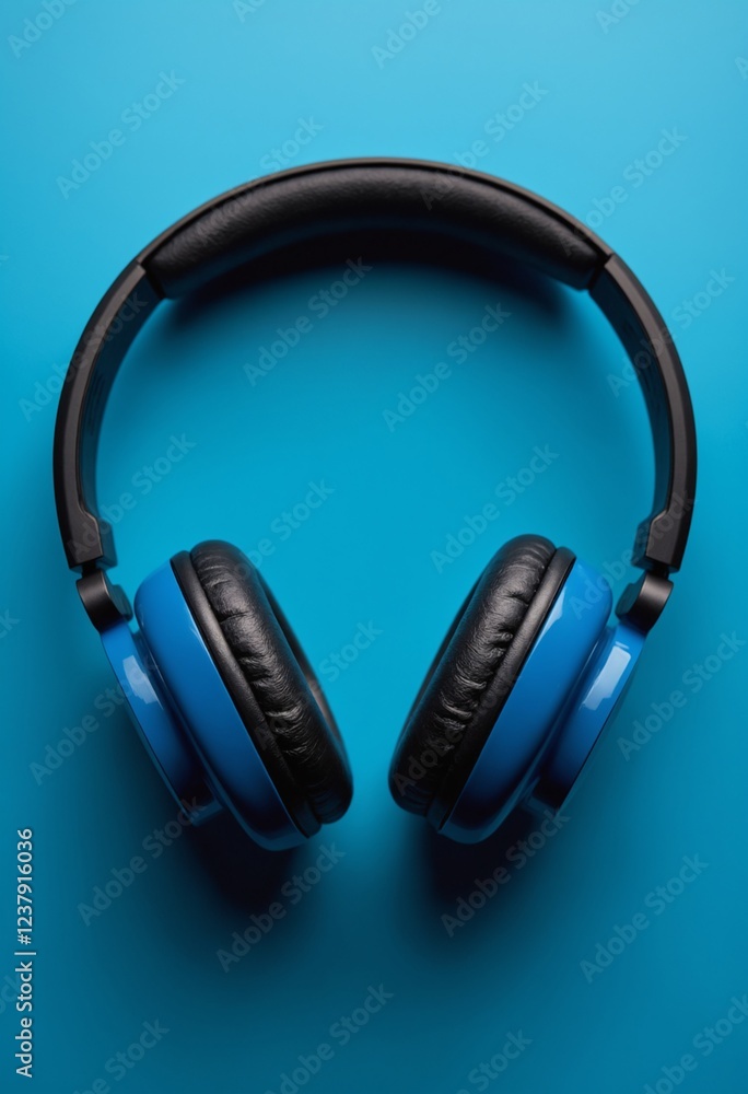 Blue headphones or earphone computer on a blue pastel background Blue headphones or earphone computer on a blue pastel background