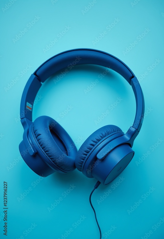 Blue headphones or earphone computer on a blue pastel background Blue headphones or earphone computer on a blue pastel background