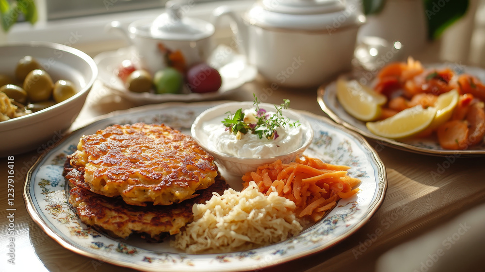 Traditional vegetarian jewish food menu icons with potato pancakes, sour cream, kugel noodle casserole, falafel sandwich filled with vegetables and olives, stewed carrots with fruits, tea with lemon Traditional vegetarian jewish food menu icons with potato pancakes, sour cream, kugel noodle casserole, falafel sandwich filled with vegetables and olives, stewed carrots with fruits, tea with lemon
