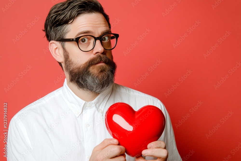 Adult valentine's day greeting card: adult man with begging eyes face holds red heart in hands. Sign of love and affection. Commercial creative. Romantic picnic ideas. Adult valentine's day greeting card: adult man with begging eyes face holds red heart in hands. Sign of love and affection. Commercial creative. Romantic picnic ideas.