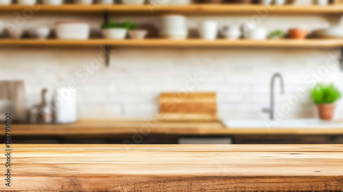 Rustic wooden countertop in modern kitchen with open shelves and blurred background. Scene stage for product presentations, food advertisements, and culinary branding, kitchenware and ingredients