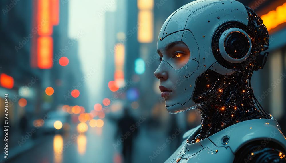 Futuristic Female Android in Rain-Soaked Cyberpunk City Futuristic Female Android in Rain-Soaked Cyberpunk City