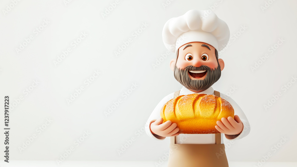 Cartoon baker holding loaf of bread on white background. Ideal for bakery product presentations, food branding, and advertising. Perfect for promoting fresh bread and artisan baking. Copy space Cartoon baker holding loaf of bread on white background. Ideal for bakery product presentations, food branding, and advertising. Perfect for promoting fresh bread and artisan baking. Copy space