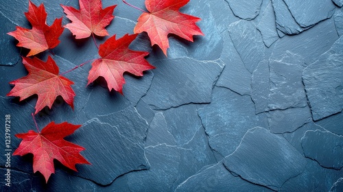 Red Autumn Maple Leaves on Dark Blue Slate Stone Background: Seasonal Nature Photography photo