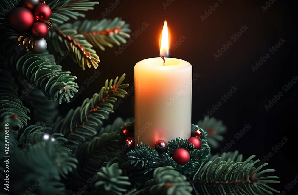 burning christmas candle in dark decorated fir tree room burning christmas candle in dark decorated fir tree room