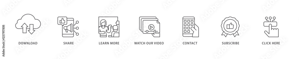 Call to action icon set flow process which consists of click here, watch our video, subscribe, contact, learn more, share, download icon live stroke and easy to edit . Call to action icon set flow process which consists of click here, watch our video, subscribe, contact, learn more, share, download icon live stroke and easy to edit .