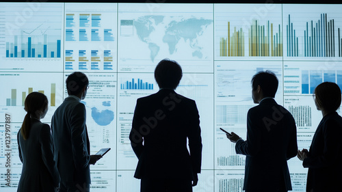 In a contemporary office setting, a group of six Japanese business professionals gather to discuss key strategies while facing an impressive wall of colorful data visualizations. 