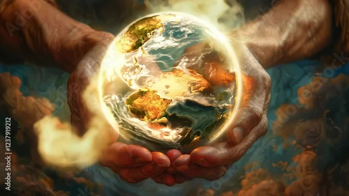 Divine presence: God cradles Earth within his hands, symbolizing omnipresence, the Creator's power over the universe, illustrating divine connection and influence in every corner of the planet.