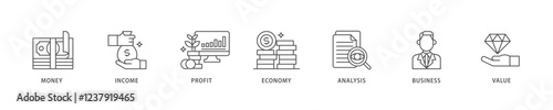 Cash flow icon set flow process which consists of money, income, profit, economy, analysis, business, and value icon live stroke and easy to edit .