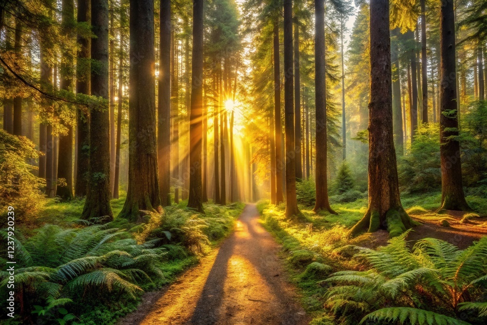 Golden Sunlight Illuminates a Forest Path at Dawn, Casting Long Shadows Through Lush Green Ferns and Tall Trees Golden Sunlight Illuminates a Forest Path at Dawn, Casting Long Shadows Through Lush Green Ferns and Tall Trees