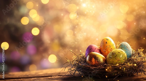 easter eggs in a nest on blurred bokeh background