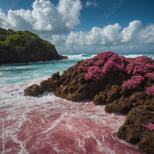 Una isla deshabitada con arena rosada y aguas cristalinas bajo el cielo puro y despejado.