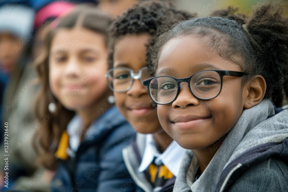 Elementary school students wearing uniforms and eyeglasses smiling together Elementary school students wearing uniforms and eyeglasses smiling together