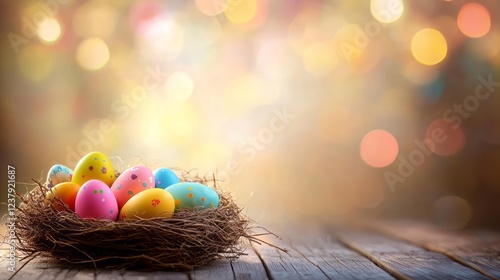 easter eggs in a nest on blurred bokeh background