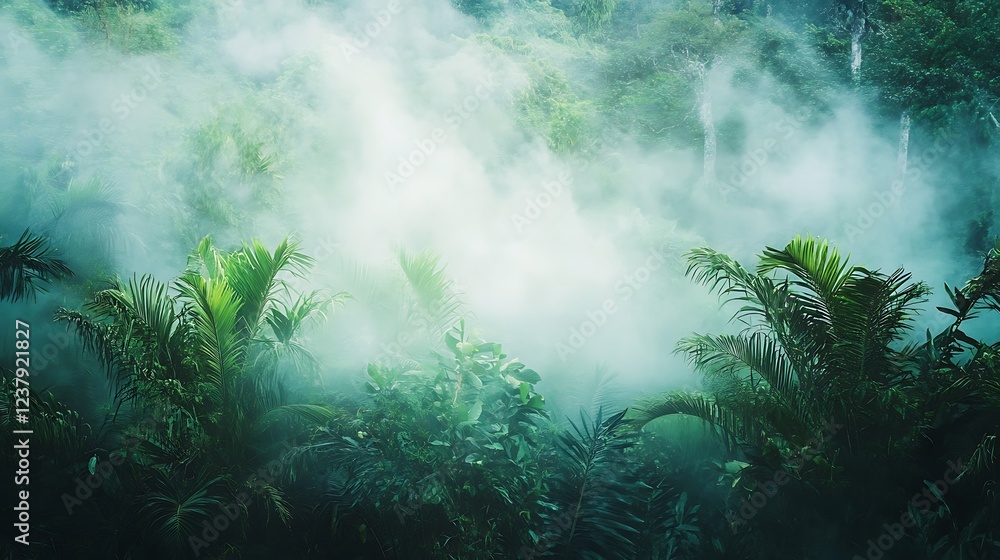Obraz premium Tropical rainforest with fog and mist. Nature background