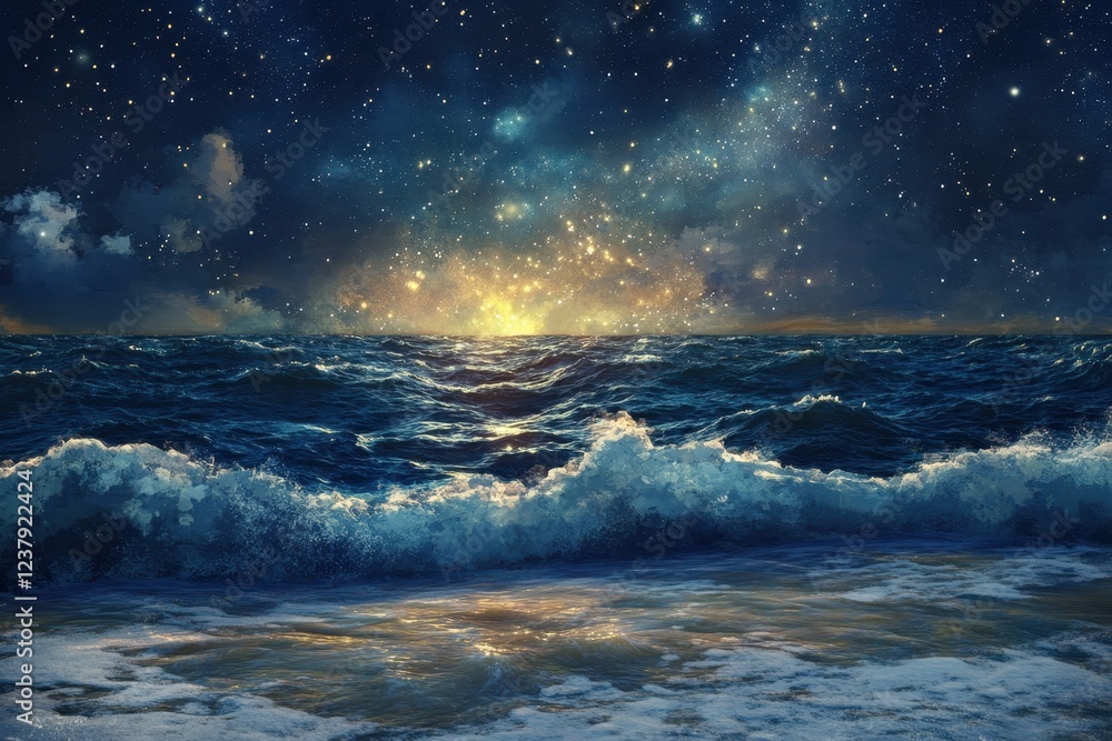 Celestial Ocean Waves Under Cosmic Night Sky with Twinkling Stars Celestial Ocean Waves Under Cosmic Night Sky with Twinkling Stars