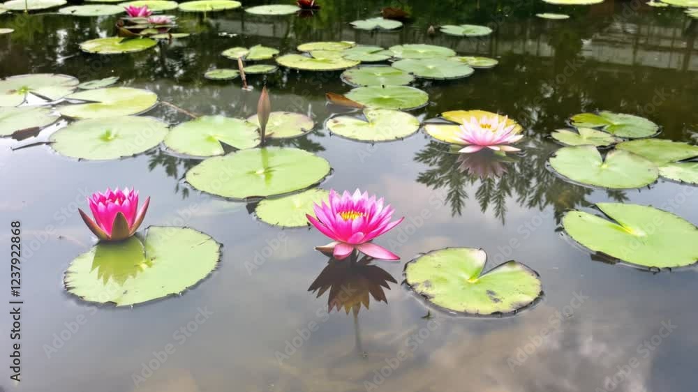 Pink water lilies bloom in garden pond, reflecting serene scene Pink water lilies bloom in garden pond, reflecting serene scene