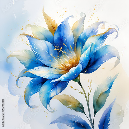 Abstract background with blue and golden flowers. Digital fractal art. 3D rendering, Blue flower and golden painting on white background. 
