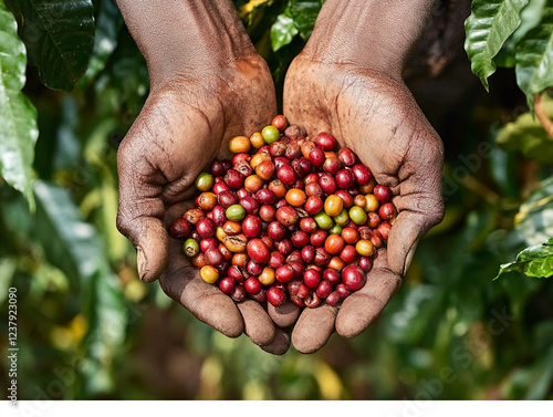 Hands cradling a colorful bounty of freshly picked coffee cherries symbolize the rich agricultural heritage of Gesha Village in Ethiopia.  photo