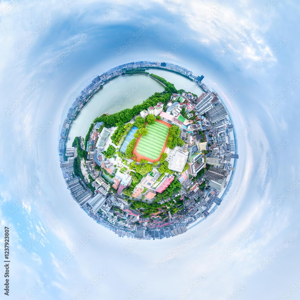 spherical panorama of the vibrant green sports field in middle school