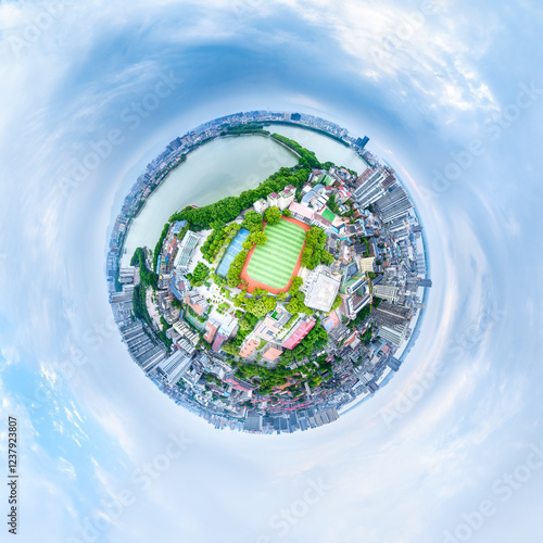 Obraz na płótnie spherical panorama of the vibrant green sports field in middle school w salonie