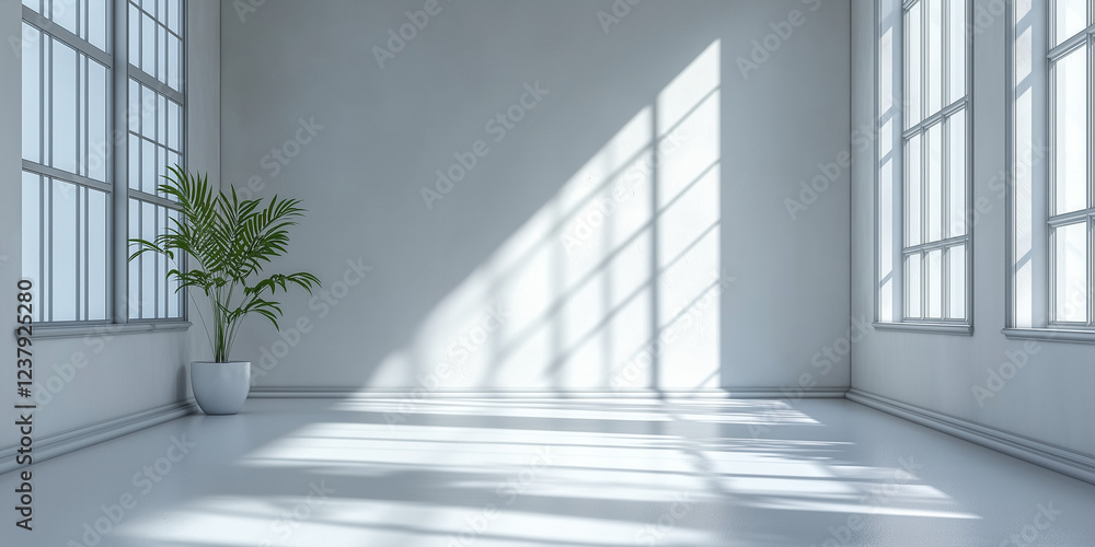 Obraz premium Natural light streaming through large windows in a minimalist room with indoor plant modern design bright atmosphere tranquil environment for relaxation