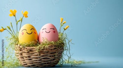 Two cuddling Eastereggs with sweet faces lying in an easter basket, light blue background  photo