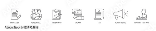 Cost reduction icon set flow process which consists of checklist, personnel, inventory, salary, tax, advertising and administration icon live stroke and easy to edit .