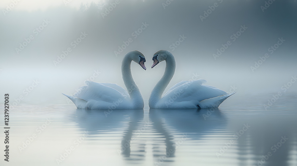 Fototapeta premium Two swans are swimming in a lake, their heads are facing each other. The water is calm and the sky is cloudy