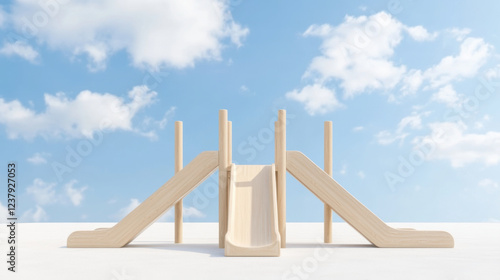 minimalist wooden playground slide with clean lines against blue sky. design emphasizes simplicity and functionality, perfect for children play areas