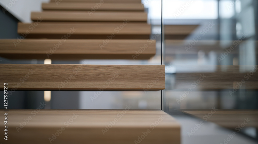 Modern wooden staircase with sleek glass railings, showcasing minimalist design that enhances interior space. warm tones of wood create welcoming atmosphere Modern wooden staircase with sleek glass railings, showcasing minimalist design that enhances interior space. warm tones of wood create welcoming atmosphere