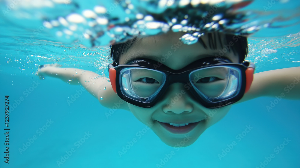 Naklejka premium Asian child swimming underwater with goggles in a clear blue pool