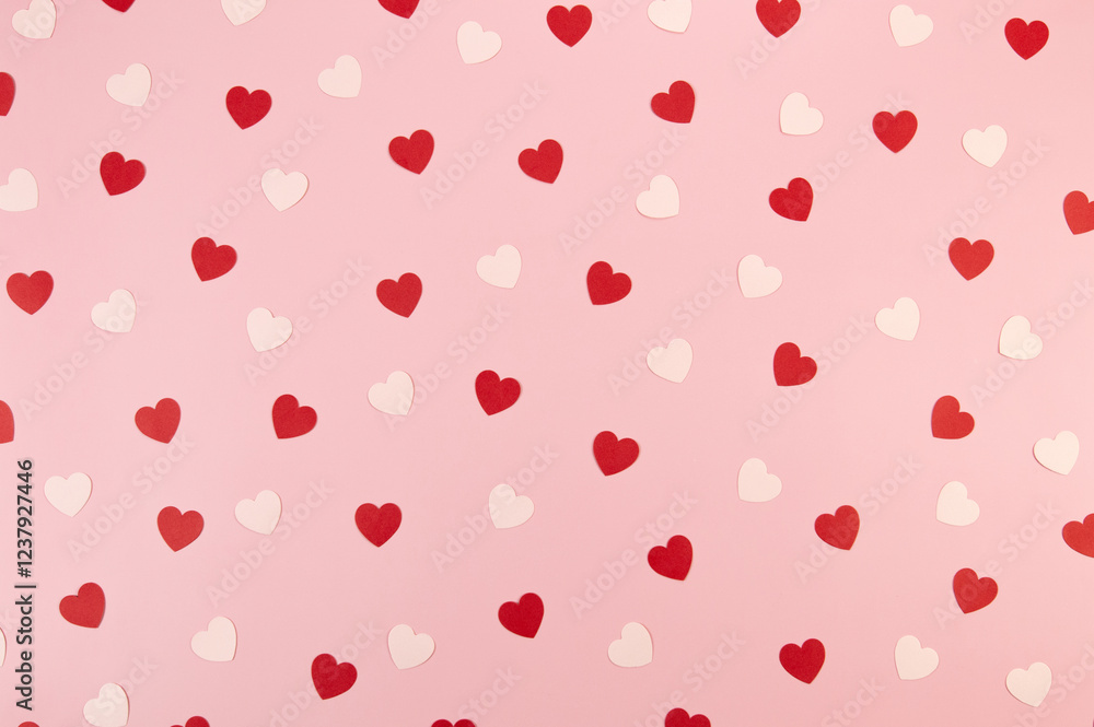Top view of red and pink hearts on pink background. Valentine's day, pink hearts, red hearts, love wallpaper. Flat lay, copy space. Top view of red and pink hearts on pink background. Valentine's day, pink hearts, red hearts, love wallpaper. Flat lay, copy space.