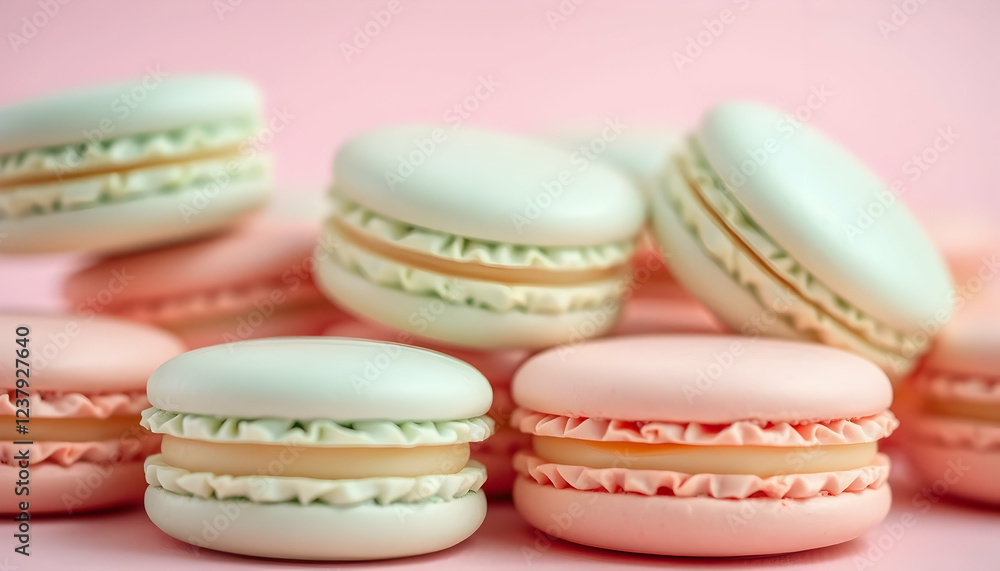 Fototapeta premium Pastel macarons, delicate French pastries, light pink background, soft focus, closeup photography, food styling, sweet desserts, vanilla and strawberry flavors, stacked macarons, circular confections,
