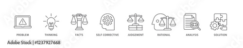 Critical thinking icon set flow process which consists of solution, analysis, self corrective, rational, judgement, facts, thinking, problem icon live stroke and easy to edit .