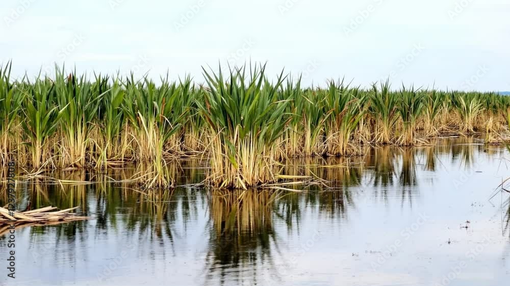 Reeds reflecting in calm wetland water, cloudy sky Reeds reflecting in calm wetland water, cloudy sky