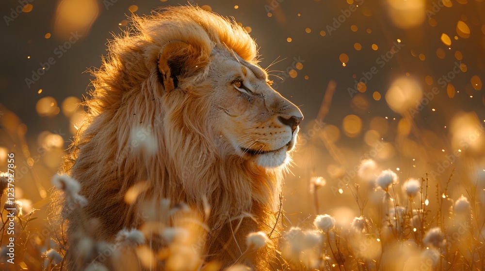 Naklejka premium Lion with Flowing Mane, Close-Up Shot in Warm Sunlight, Wildlife Photography
