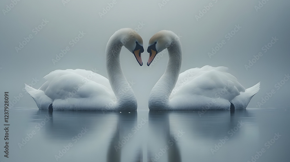 Obraz premium Two swans are swimming in a lake, their heads are facing each other. The water is calm and the sky is cloudy